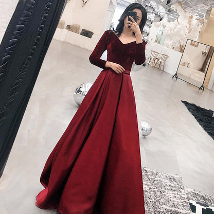 Wine Red Satin And Velvet Long Party Dress, Long Sleeves Evening Dress Long Prom Dress    cg16807