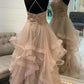 CHAMPAGNE TULLE LACE LONG PROM DRESS CHAMPAGNE FORMAL DRESS    cg16813