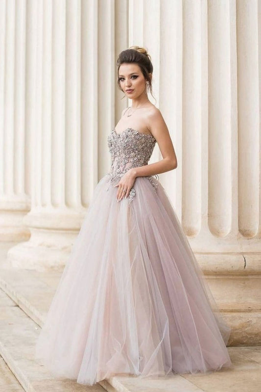 GRAY TULLE LACE LONG PROM DRESS GRAY TULLE FORMAL DRESS   cg16814