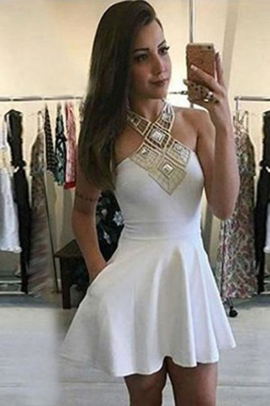 White Halter Strapless Straight Short Dress,Tie Back Cheap Homecoming Dress cg1682