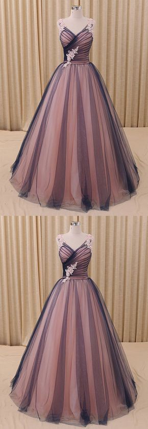Charming A-Line V-Neck Navy Blue Princess Tulle Ball Gown Formal Evening prom Dress   cg16828