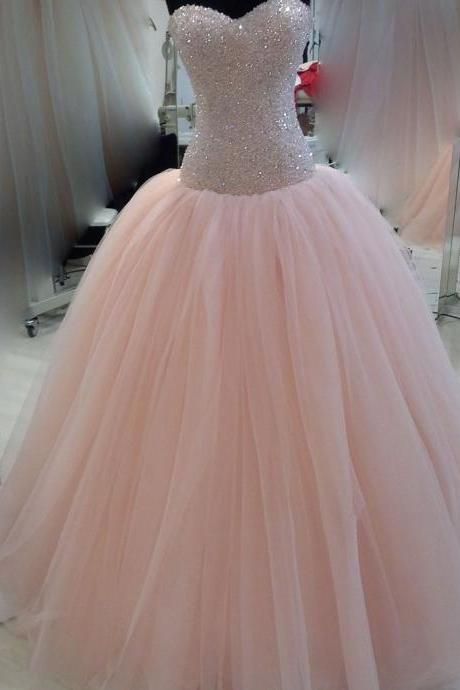 Modest Pink Quinceanera Dresses Sweetheart Beaded Bowknot Tulle Puffy Prom Formal Ball Gowns   cg16837