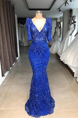 Royal blue Beaded Lace appliques 1/2 sleeve Mermaid Prom Dress   cg16860