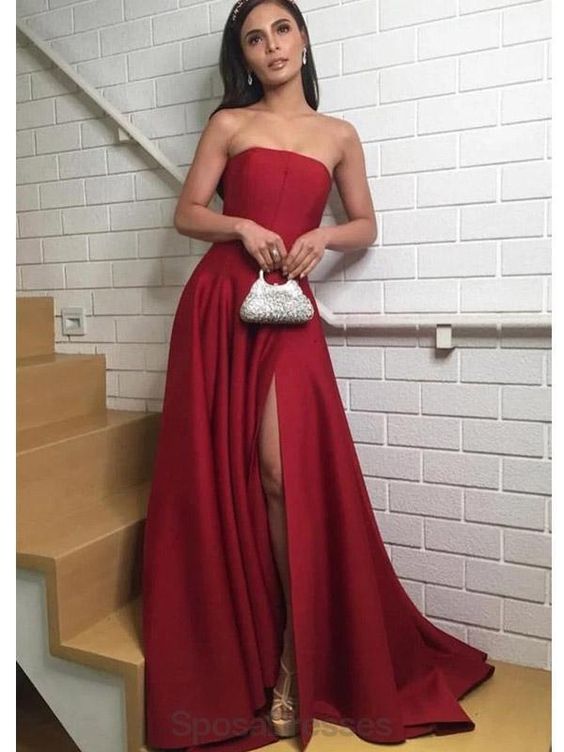 Simple Dark Red Side Slit Long Evening Prom Dresses, Evening Party Prom Dresses   cg16867