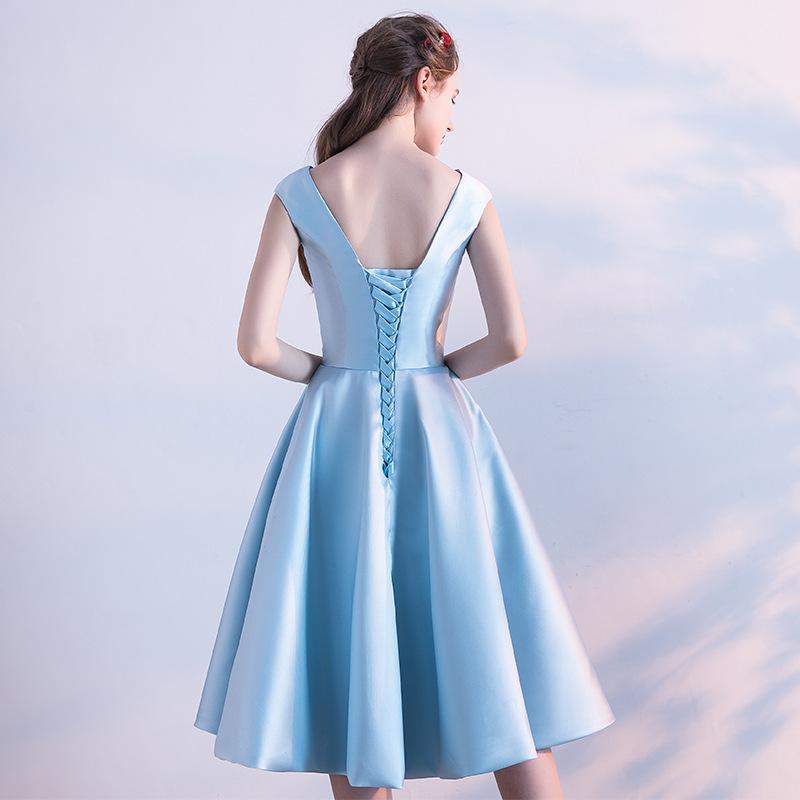 Blue Satin Knee Length Round Neckline Party Dress, Blue Prom Dress Bridesmaid Dress   cg16876
