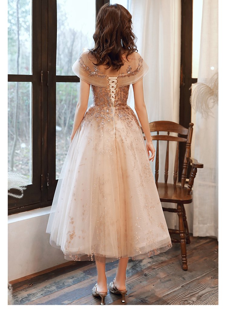 Light Champagne Applique Tulle Cap Sleeves Party Dress Prom Dress Bridesmaid Dress   cg16877