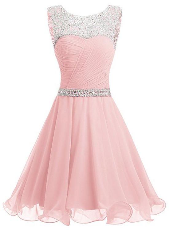 Pink Chiffon Crystal Homecoming Dress, Short Beaded Party Dress   cg16880