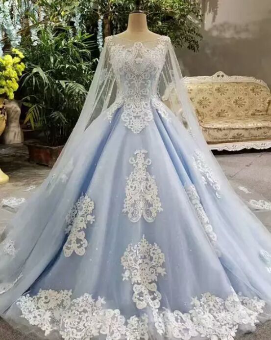 Blue And White Lace Shiny Prom Dress , Charming Prom Dress    cg16888