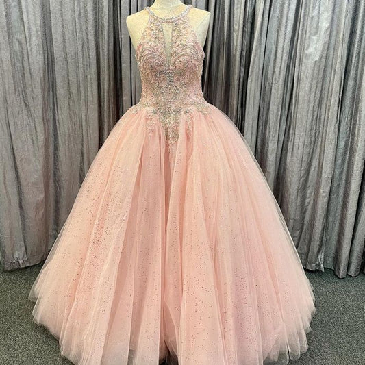 Pink Beaded Tulle Long Quincerean Gown Long Prom Dress   cg16897