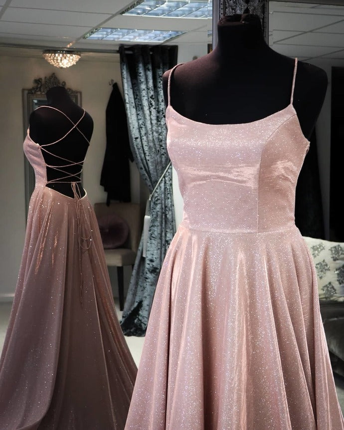 Straps A-line Rose Gold Long Formal Gown prom Dress     cg16899