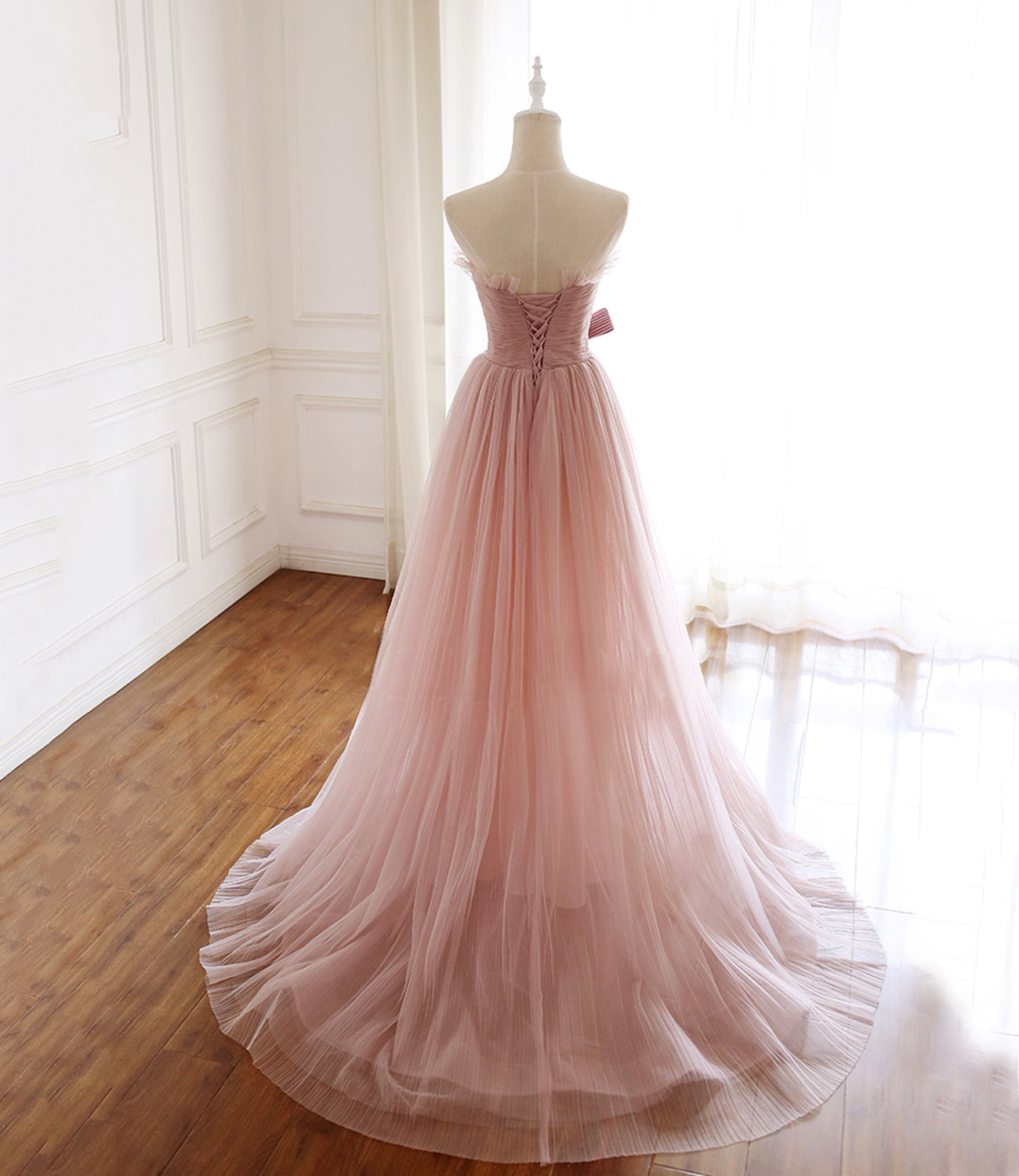 PINK TULLE LONG PROM DRESS PINK EVENING DRESS    cg16914