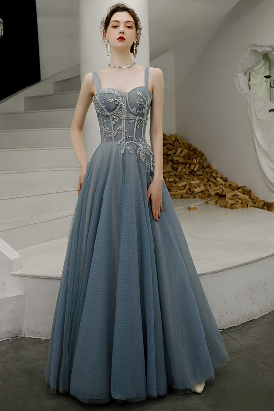 Elegant A-Line Embroidery Dusty Blue Prom Dress cg16918 – classygown