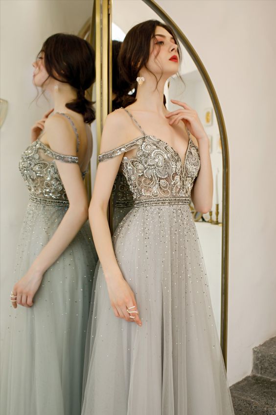 Beaded Grey Formal Dress prom dress  cg16921