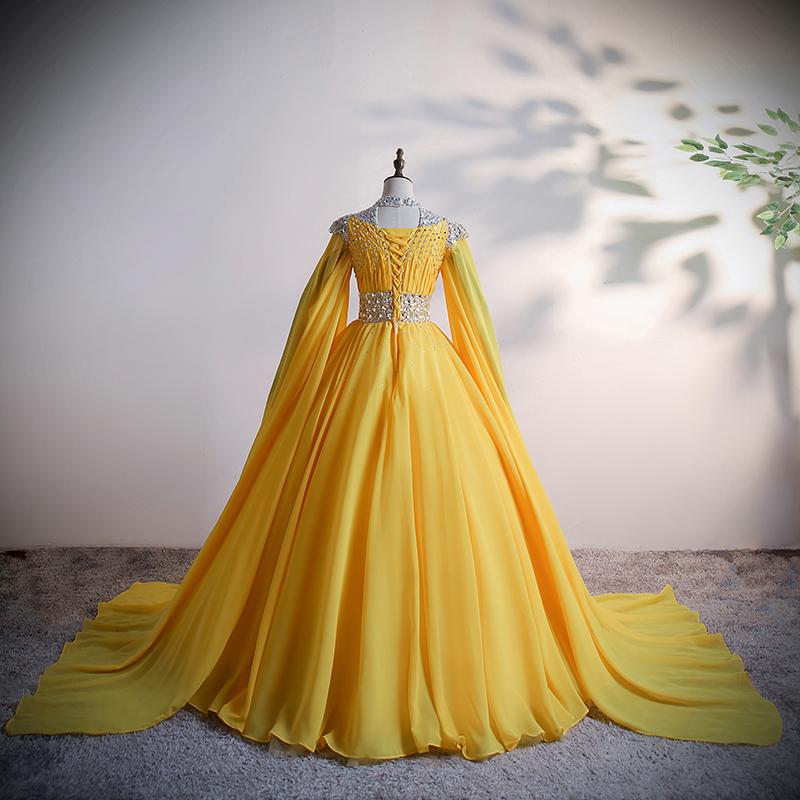 Yellow Chiffon Long Beaded Ball Gown Formal Dress, Yellow Formal Dress, Prom Dress   cg16925