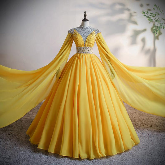 Yellow Chiffon Long Beaded Ball Gown Formal Dress, Yellow Formal Dress, Prom Dress   cg16925