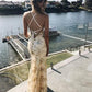 Gold Sequin Mermaid Backless V-Neck Prom Dresses cg1693