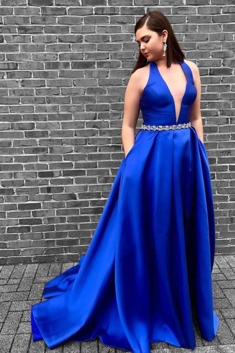 Halter Neckline Royal Blue Prom Dress   cg16936