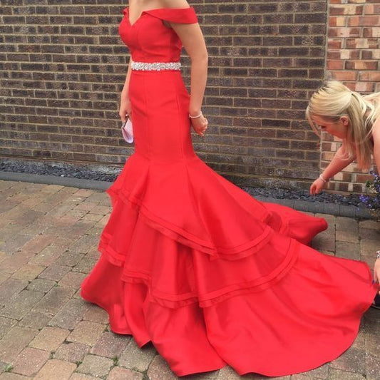 Charming Off-the-shoulder Red Party Dresses with Sweep Train Mermaid Prom Dresses    cg16939
