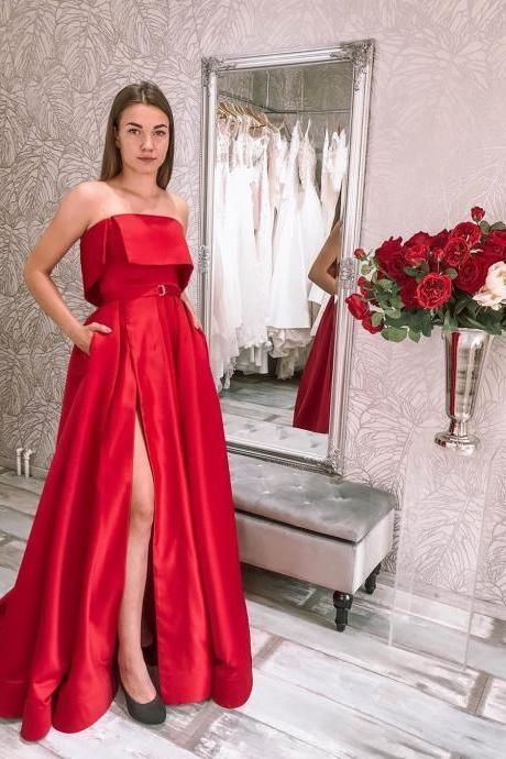 Red Satin Evening Dresses Strapless A-Line Formal Party Dress Prom Dresses    cg16940