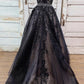 V Neck Backless Black Lace Long Prom Dress, Black Lace Formal Dress, Black Evening Dress   cg16944