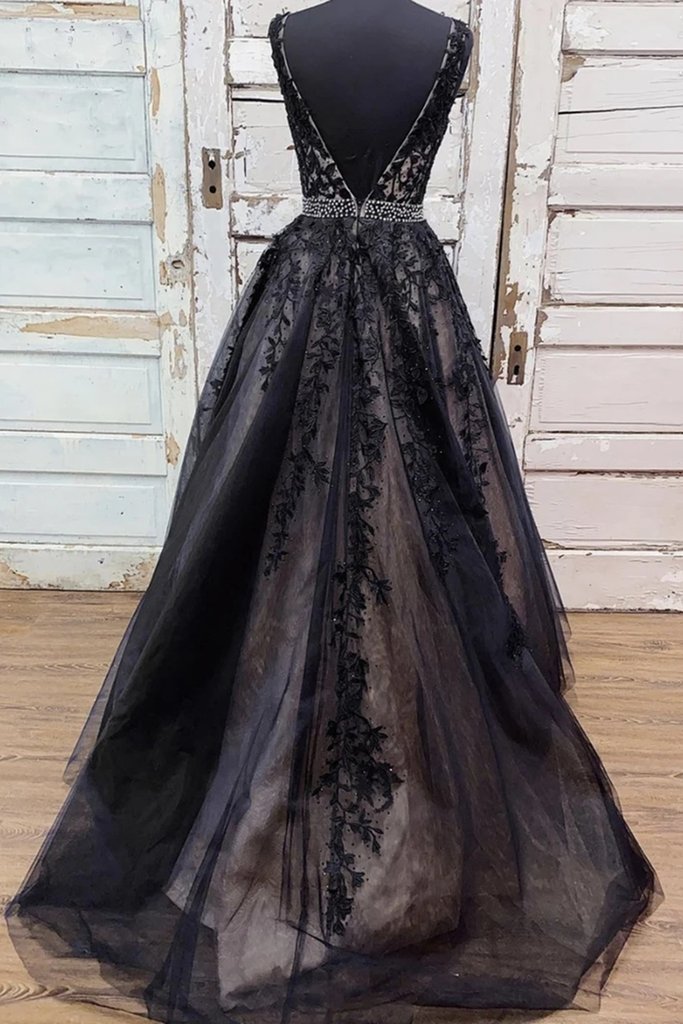 V Neck Backless Black Lace Long Prom Dress, Black Lace Formal Dress, Black Evening Dress   cg16944