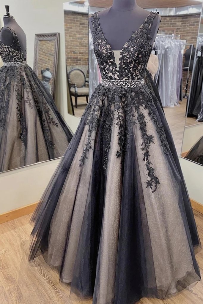 V Neck Backless Black Lace Long Prom Dress, Black Lace Formal Dress, Black Evening Dress   cg16944