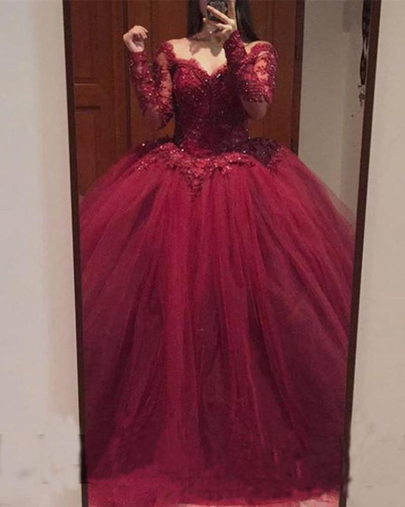 Burgundy Long Sleeves Quinceanera Dress Sweet 15 Dresses Ball Gown prom dress  Wedding Gown    cg16962