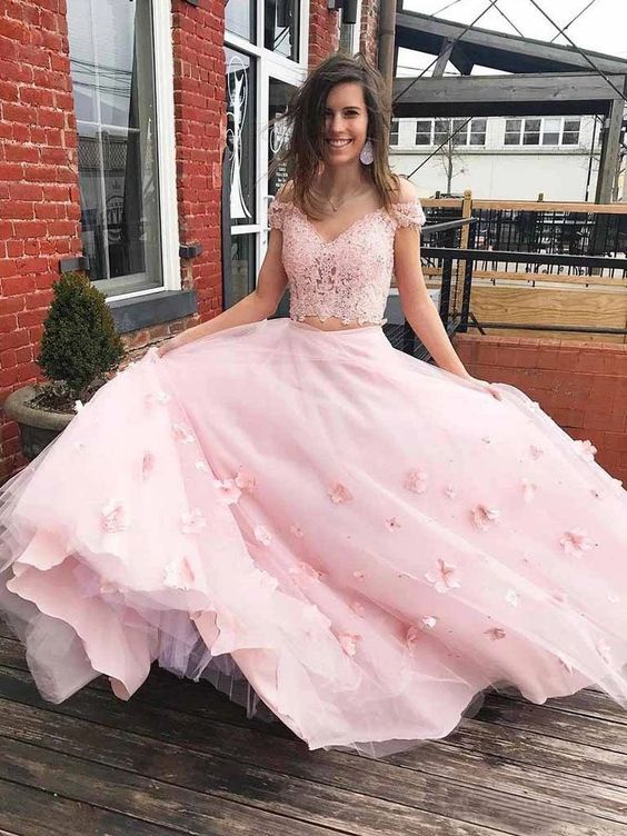 A-Line 3D Flower Junior Prom Dresses Lace Two Piece Prom Gown   cg16965