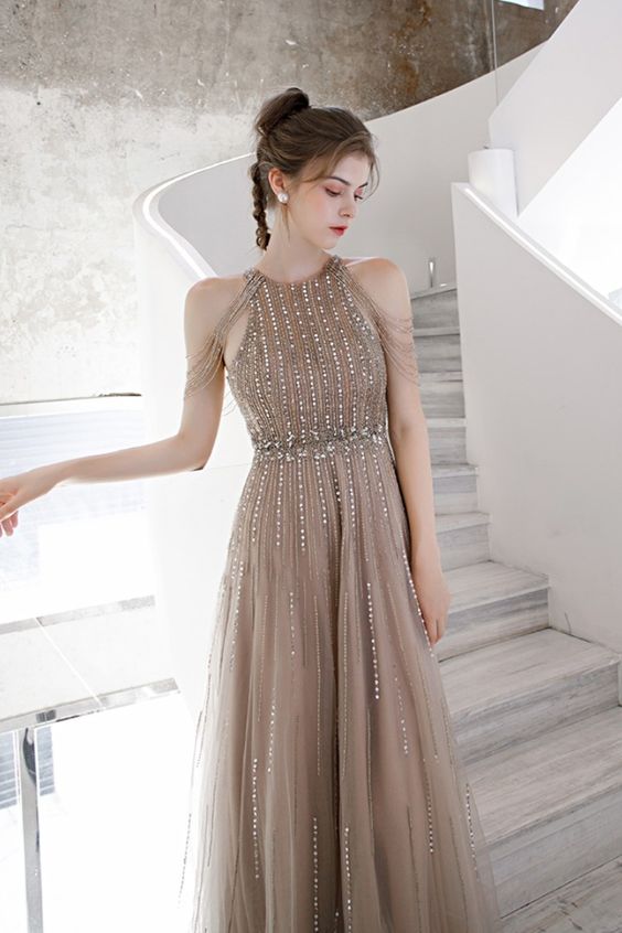 beaded taupe beaded long evening prom dress   cg16967