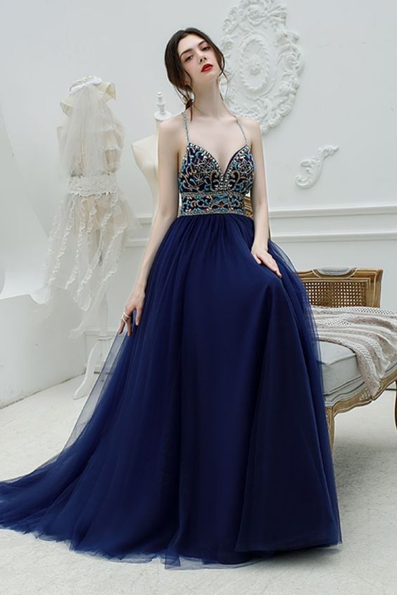 beaded bodice navy blue tulle long formal dress prom dress 2021   cg16971