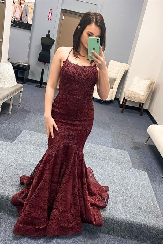 mermaid burgundy lace long prom dress formal dress   cg16972