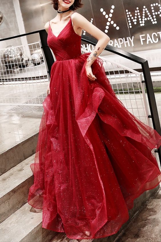 2021 wine red A-line tulle long prom gown   cg16976