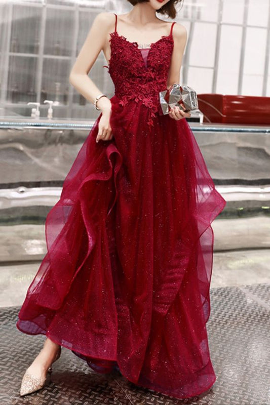 2021 burgundy A-line long prom dress evening dress   cg16978