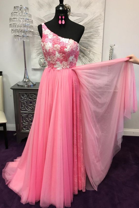 One Shoulder Hot Pink Prom Dress   cg16982