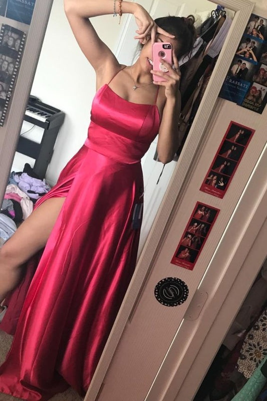princess red satin long prom dress with side slit and lace up back   cg16985