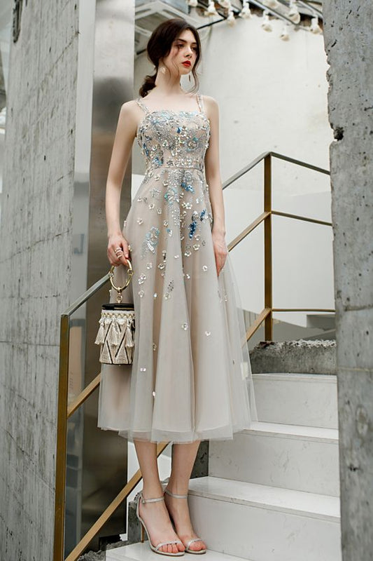 A-Line Beaded Tea Length Long Prom Dress   cg16986