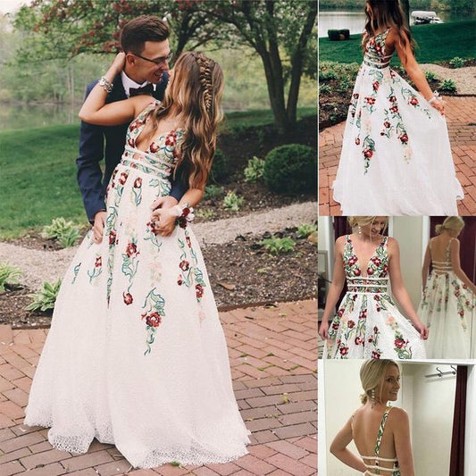 Sexy V-Neck Appliques A-Line Prom Dresses,Long Prom Dresses,Cheap Prom Dresses, Evening Dress Prom Gowns   cg16987