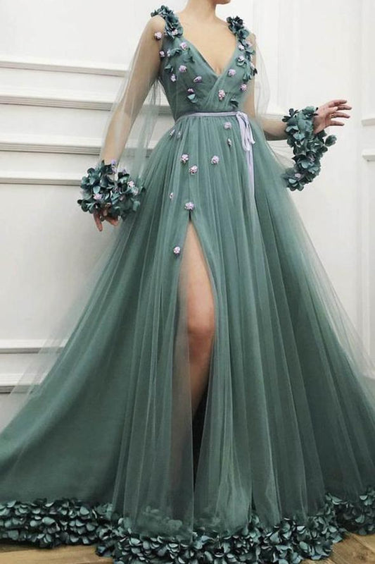 Green tulle appliqué long prom dress v neck evening dress   cg16997
