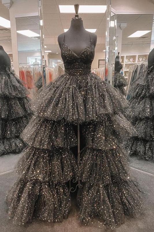 Black tulle high low prom dress black evening dress   cg17002