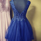 Blue lace short A line evening dress Homecoming Dress   cg17005