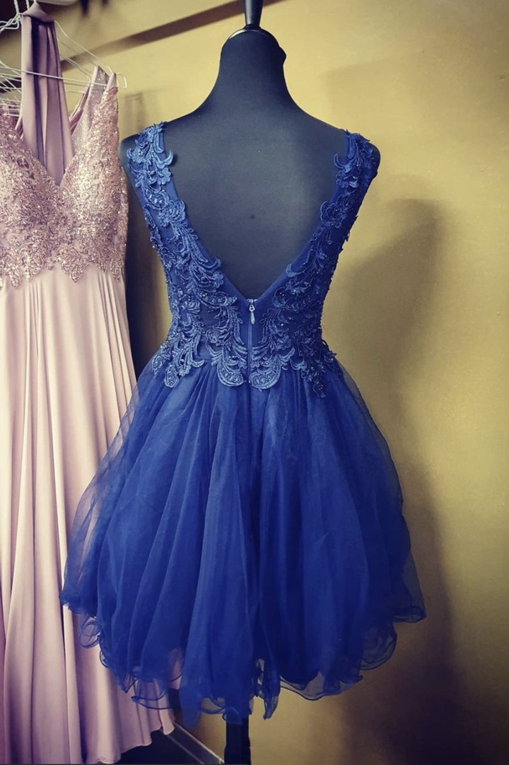 Blue lace short A line evening dress Homecoming Dress   cg17005