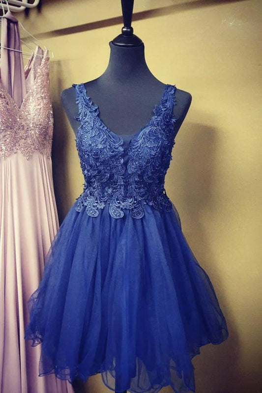 Blue lace short A line evening dress Homecoming Dress   cg17005