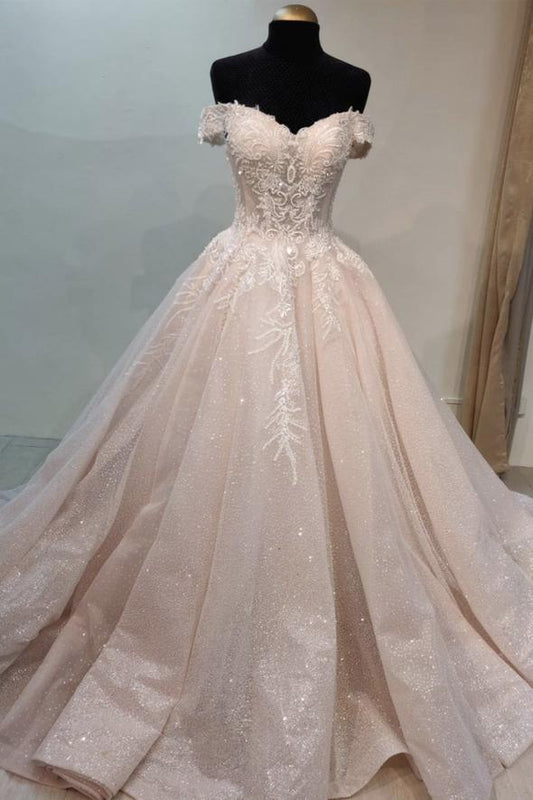 Pink lace long A line prom dress off shoulder evening dress   cg17006