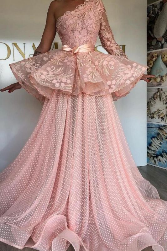 New One Shoulder Pink Tulle Lace Prom Dress On Sale    cg17009