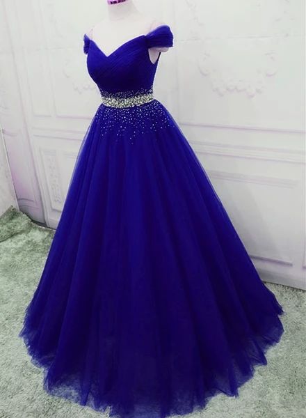Elegant Royal Blue Tulle Sequins Prom Dress 2021, A-Line Long Party Dress    cg17023
