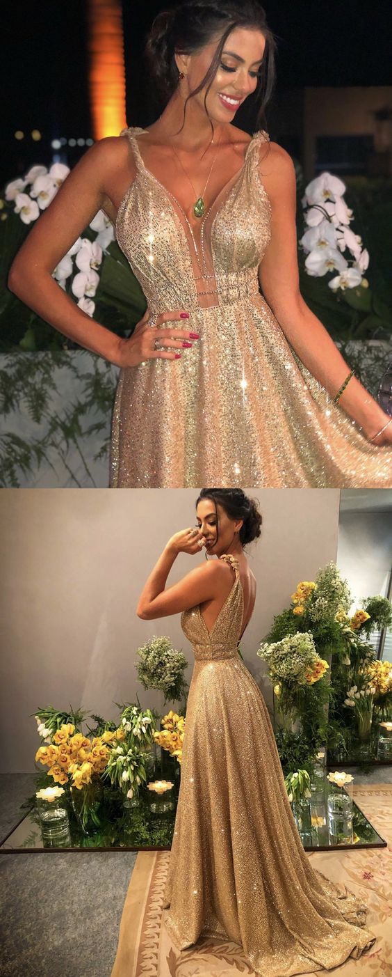 Women's long sparkly gold prom dresses plunge neck formal sequins evening gown for special occasions   cg17033