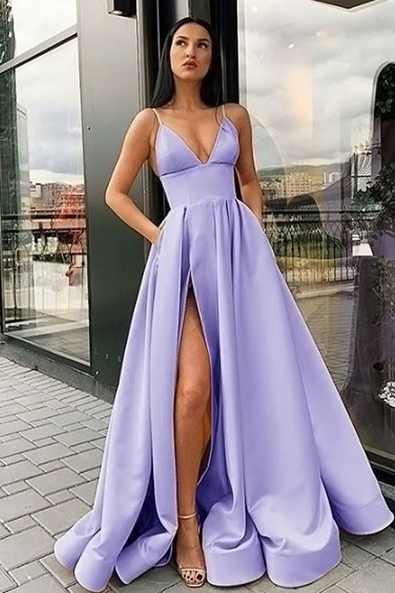 Elegant A Line Satin Pocket Lilac Long Evening Party Gown Girls Sweet 16 Dresses prom party dress   cg17041