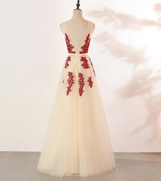 Ivory Tulle With Red Lace Applique V-Neckline Prom Dress, Tulle V Back Formal Dress, Evening Dress   cg17056