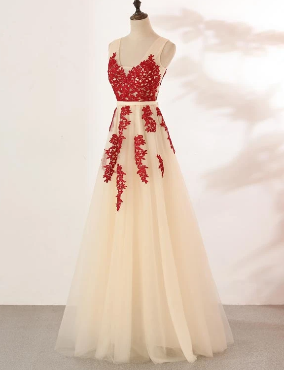 Ivory Tulle With Red Lace Applique V-Neckline Prom Dress, Tulle V Back Formal Dress, Evening Dress   cg17056