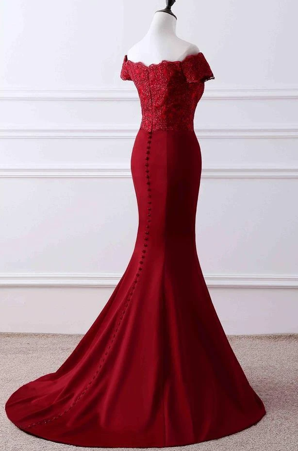 Wine Red Satin Mermaid Long Party Dress, Off Shoulder Formal Dress Evening Dress Prom Dress   cg17058